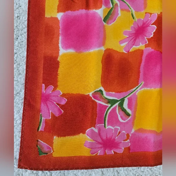 ELAINE GOLD Pink & Yellow Floral Silk Scarf | SZ 21" Sq - Picture 3 of 5